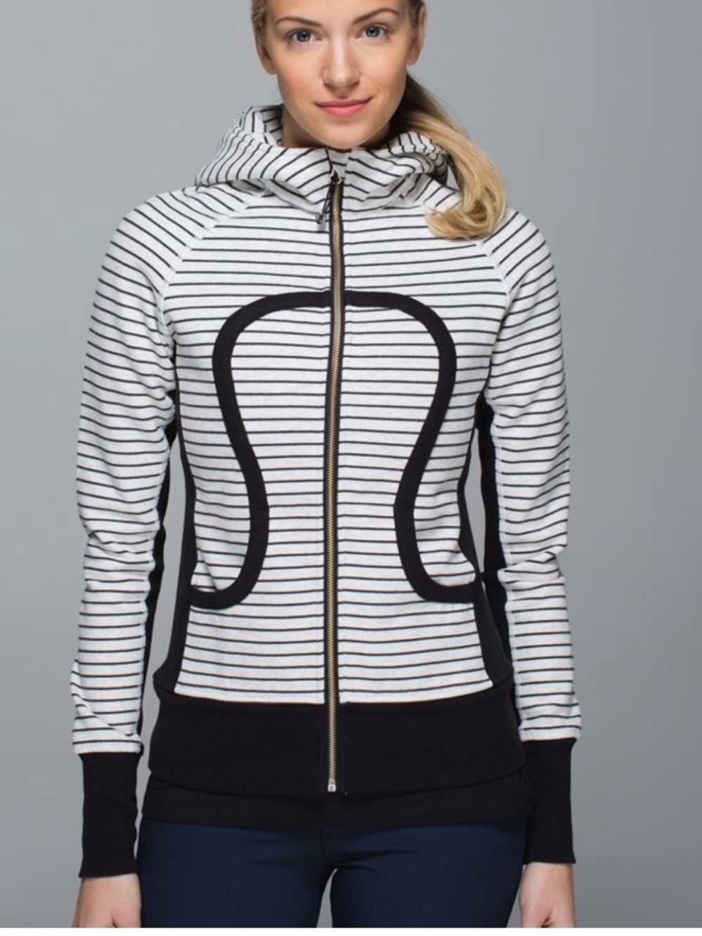 Lululemon Athletica black white striped scuba hoodie jacket size 10
